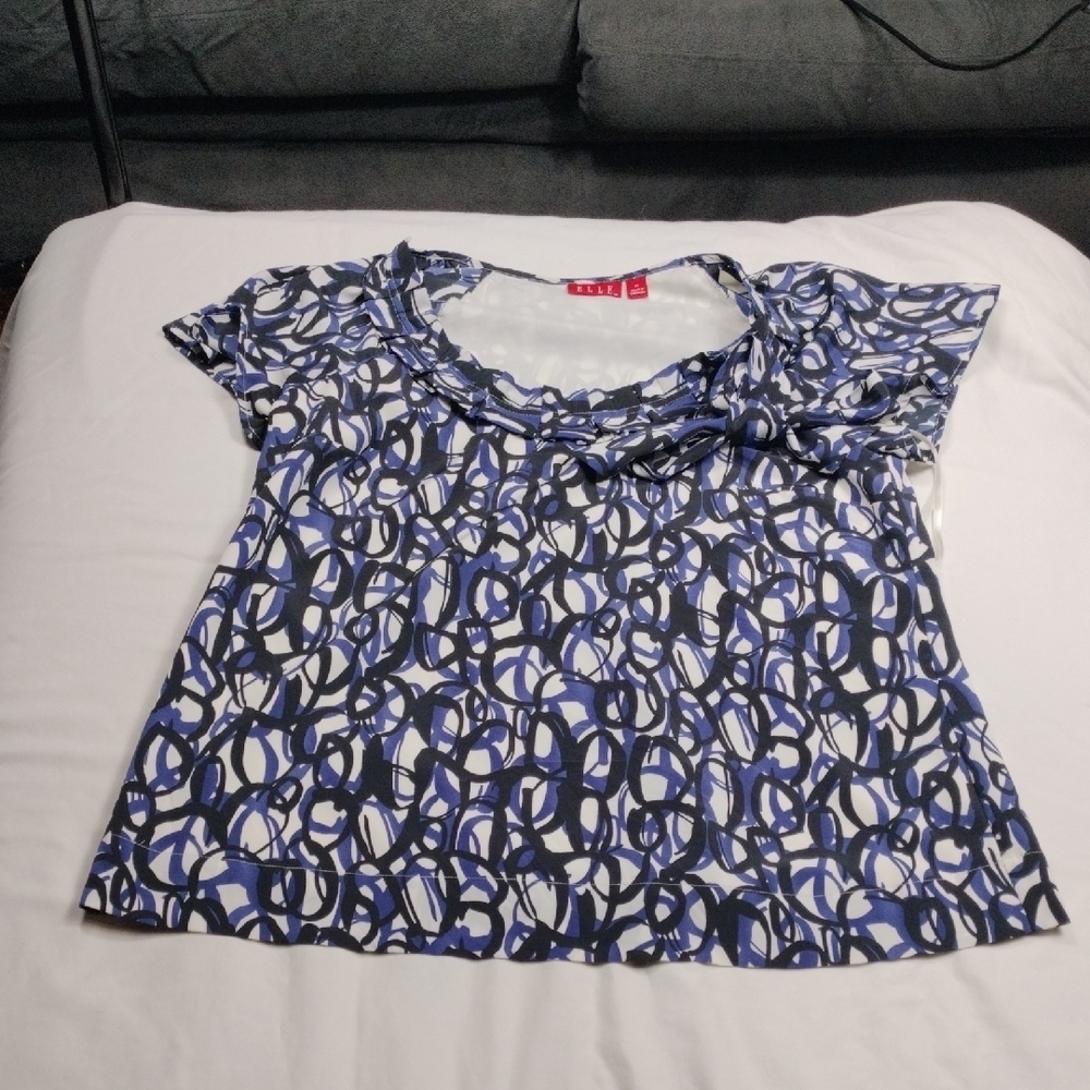 Elle Blue and Black Abstract Women's Blouse Size Medium